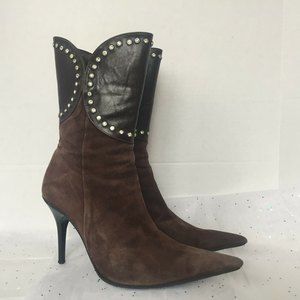 Mayra Brown Suede Leather PointToe Rhinestone Studded Boots Stiletto -  size 39